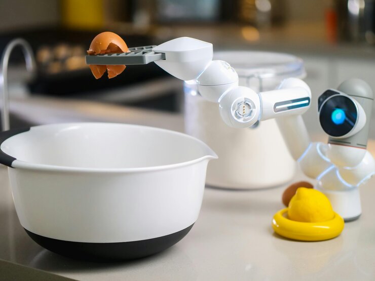 This picture shows a robotic hand working in the kitchen with that is intergrated with AI